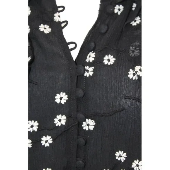 Rebecca Taylor Womens Floral Print Ruffled Button DownBlouse Black White Size 8 - Picture 4 of 7